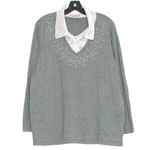 Quacker Factory Sweater Pearl Cottage Preppy Classic Academia Minimalist Gray 2X